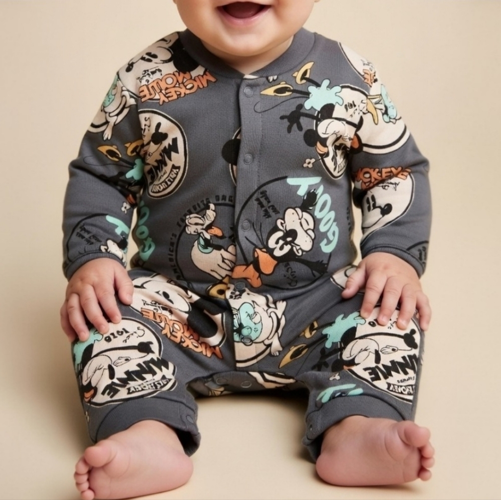 H&M x Disney Baby Mickey Pluto Donald Cotton Snap Romper Gray 12M Vacation Retro
